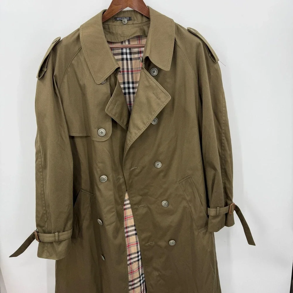 Vintage Olive Green Trench Coat Plaid Lined Sz Mens 42 L Heritage Prep Military